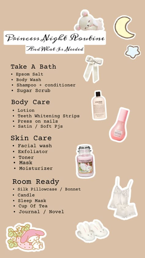 Princess Night Routine Inspo by @otherworldlyluve #beauty #aesthetic #nightroutine #moodboards #skincare #products Princess Night Routine, Tea Journal, Coconut Lotion, Night Time Skin Care Routine, Teeth Whitening Strips, Beauty Routine Tips, Beauty Aesthetic, Routine Planner, Night Time Routine