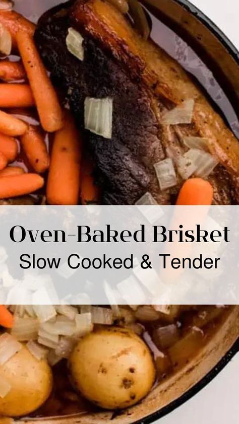 Tender beef brisket nestled in savory cooking juices surrounded by flavorful onion, carrots and potatoes. All slow cooked together in dutch oven. Oven Baked Brisket, Oven Brisket Recipes, Baked Brisket, Dutch Oven Beef, Roast Brisket, Oven Pot Roast, Brisket Oven, Cast Iron Skillet Cooking, Roasted Potatoes And Carrots