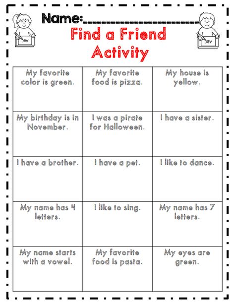 find a friend activity great ice breaker for back to school! Activities For Second Graders, Welcome Back To School Activities, School Wellbeing, Second Grade Back To School, School Friendship, Friendship Lessons, Friendship Theme, Friendship Activities, Substitute Teaching