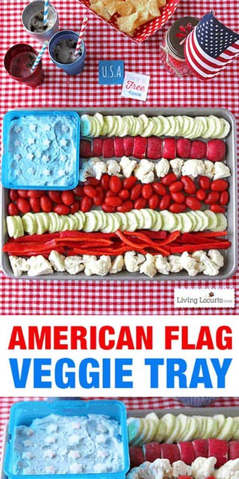 Love this red white and blue appetizer! How to make an American Flag Vegetable Tray Platter with Dill Dip Recipe. Easy party ideas for the 4th of July. Patriotic party veggie tray. LivingLocurto.com #4thofjuly #fouthofjuly #recipe #veggies #redwhiteblue #americanflag 4th Of July Veggie Tray Ideas, Party Veggie Tray, Dill Dip Recipe, Dill Dip Recipes, Easy Party Ideas, Low Carb Appetizer, 4th July Food, Dill Dip, Fall Appetizers