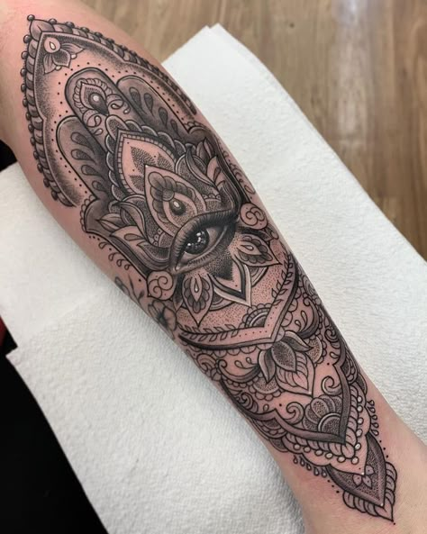 Spiritual Upper Arm Tattoos For Women, Mandala Forearm Sleeve, Mandala Half Sleeve, Tattoos For Women Sleeve, Forearm Mandala Tattoo, Fatima Hand Tattoo, Hamsa Hand Tattoo, Mandala Hand Tattoos, Arm Sleeve Tattoos For Women