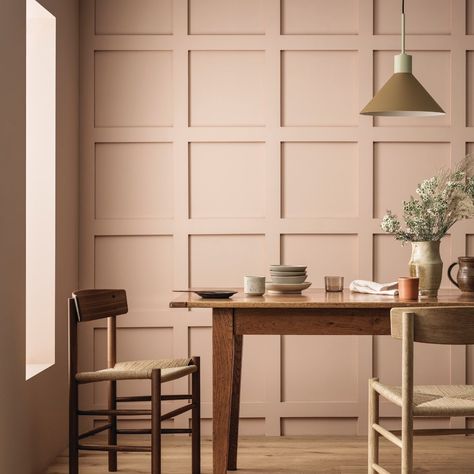 Our Latest Paint Colours | Fired Earth Fired Earth Paint, Hallway Corner, Wet Room Ideas, Stairs And Hallway Ideas, Terra Cotta Tiles, Living Room Colours, Terracotta Floor Tiles, Peach Bathroom, Blue Tile Wall