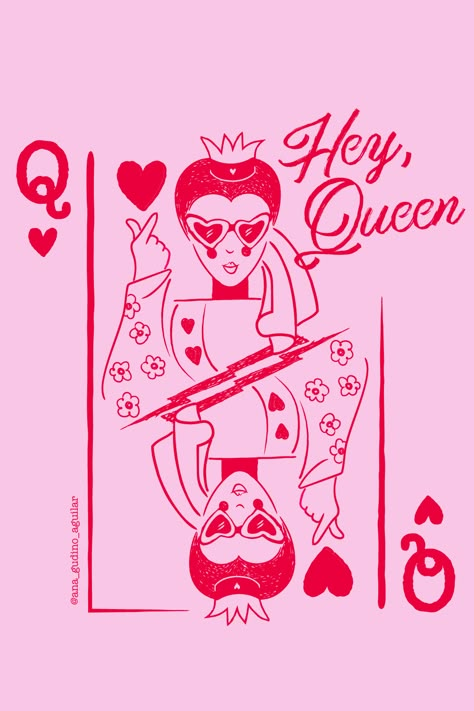 Illustration of a queen of hearts with heart sunglasses Queen Card Illustration, Queen Card Design, Queen Graphic Design, Queen Of Hearts Illustration, Queen Of Hearts Valentines Day, Queen Of Hearts Aesthetic, Vintage Card Design, Phoenix Warrior, Vintage Doodles