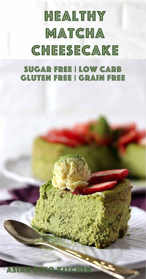 Low Carb Matcha Cheesecake - Asian Keto Kitchen - The creamiest and densest Japanese Matcha Cheesecake recipe. This green tea cheesecake is entirely sugar free and gluten free! #matchacheesecake #greenteacheesecake #japanesecheesecake #matcha #matchagreentea #lowcarbcheesecake #ketocheesecake #keto #lowcarb #sugarfreecheesecake Keto Matcha Recipes, Keto Japanese Food, Matcha Cheesecake Recipe, Asian Keto, Tea Cheesecake, Green Tea Cheesecake, Postres Keto, Diet Cake, Matcha Cheesecake