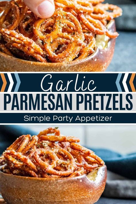 This easy Garlic Parmesan Pretzel recipe is ready in about 10 minutes and requires little prep work. The hard pretzel twists are baked in butter and spices then tossed in grated Parmesan cheese and parsley. Makes a great last minute party snack or game day appetizer. Garlic Parmesan Pretzel Bites, Easy Pretzel Snacks, Pretzel Party Snacks, Snack Day At Work Parties, Pretzel Twists Recipe, Flavor Pretzels Recipe, Uses For Pretzels, Savory Pretzel Snacks, Snack Pretzel Recipes