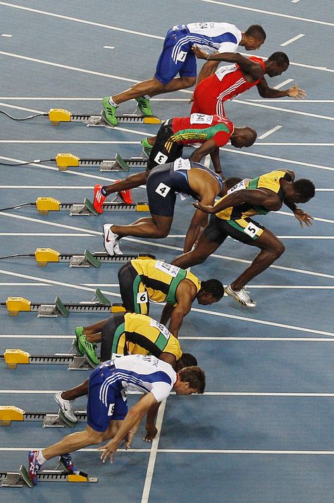 False starting in track and field in an automatic disqualification. Any movement before the starter shoots the gun counts as a false start. most coaches use the saying, "One and done," to encourage their athletes not to false start. Track Photography, Track And Field Events, Track And Field Sports, Athletics Track, Running Photography, Track Pictures, Streetwear Jewelry, Running Events, Triple Jump