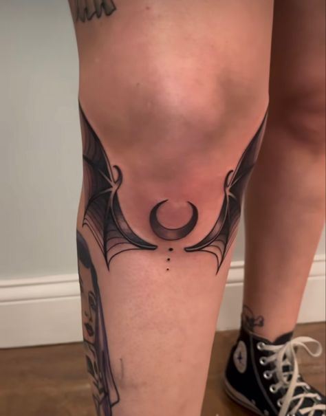 Bat Wing Tattoo Knee, Bats And Butterflies Tattoo, Bat Wings Under Knee Tattoo, Witchy Knee Tattoo Ideas, Crescent Moon Knee Tattoo, Bat Tattoo On Leg, Bat Wings Tattoo Knee, Knee Moon Tattoo, Spooky Half Sleeve Tattoo