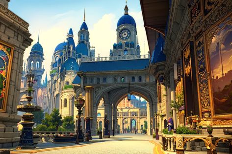 The image is a fantasy city street with a clock tower. The street is lined with tall buildings, many of which have blue roofs. There are a few people walking around, and there are some trees and plants growing in pots. The clock tower is in the background, and it has a large blue clock face. The sky is blue, and there are some clouds in the distance. Fantasy City Street, Growing In Pots, Volumetric Lighting, Blue Roof, Plants Growing, Hand Painted Textures, Tall Buildings, People Walking, Magic City