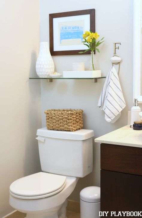 Powder Room Storage, Bathroom Storage Over Toilet, Chicago Condo, Above Toilet, Shelves Above Toilet, Shelves Over Toilet, Bathroom Shelves Over Toilet, Bathroom Improvements, Bathroom Shelf Decor