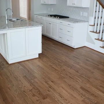 Kitchen With Red Oak Floors, Red Oak Floor Kitchen, Red Oak Floors Kitchen, White Kitchen Caninets, Country White On Red Oak Floors, Sanded Red Oak Floors, Weathered Oak On Red Oak Floors, Red Oak Floor Natural Finish, Natural Red Oak Floors Satin Finish