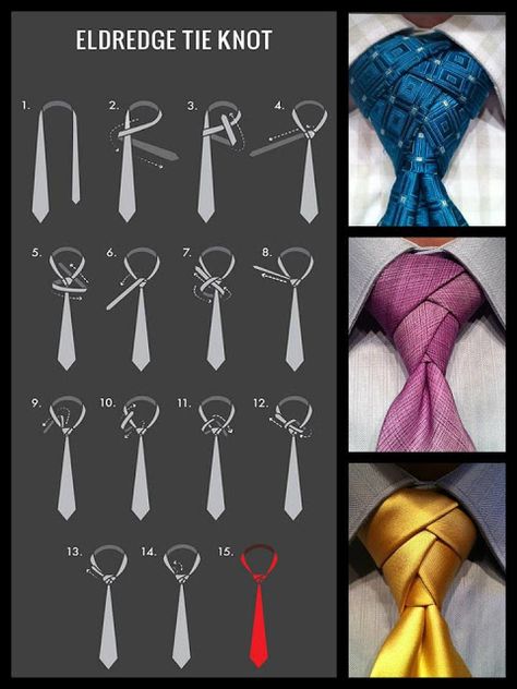 Eldredge Tie Knot diagram--I dunno, it looks a bit complicated but might be interesting... Different Tie Knots, Cool Tie Knots, Eldredge Knot, Windsor Tie Knot, Clothe Designs, Tie Knots Men, Tie Knot Styles, Tie A Necktie, Fancy Tie