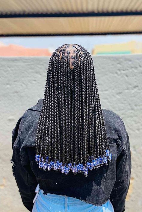 Mid Back Knotless Mini Box Braids with Blue Crystal Beads Box Braids Beads, Knotless Braids With Beads, Latest Hair Braids, Short Box Braids Hairstyles, Short Box Braids, Big Box Braids Hairstyles, Box Braids Hairstyles For Black Women, Cute Braided Hairstyles, Braided Hairstyles For Teens