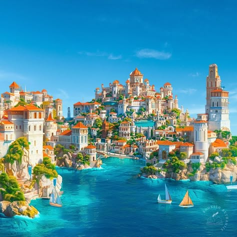 Fantasy Harbor City, The Summer Court, Island Kingdom, Water Kingdom, Summer Court, Castle House Design, Water City, Fantasy Cities, Fantasy Settings