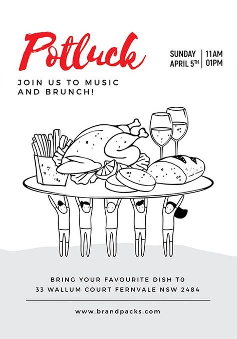 Potluck Free Restaurant Flyer and Poster Template - https://freepsdflyer.com/potluck-free-restaurant-flyer-and-poster-template/ Enjoy downloading the Potluck Free Restaurant Flyer and Poster Template created by Brandpacks!   #Bar, #Brand, #Brunch, #Dinner, #Drinks, #Food, #Meal, #Minimal, #Pub, #Restaurant Potluck Flyer Ideas, Poster Restaurant Design, Food Event Poster Design, Potluck Poster, Potluck Flyer, Lunch Poster, Brunch Poster, Dinner Illustration, Bbq Potluck