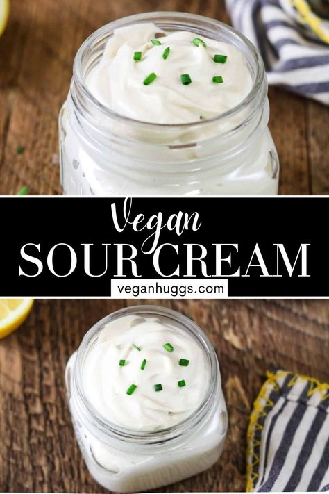 I'm really thrilled to share this Vegan Sour Cream Recipe with you! It's delicious! Plus, it's ridiculously simple to prepare and should be in everyone's fridge. #VeganHuggs #VeganRecipes #dairyfree #sourcreamrecipe #Oilfree Vegan Chicken Recipes, Cashew Sour Cream, Vegan Cheese Recipes, Sour Cream Recipes, Dairy Free Alternatives, Vegan Dip, Vegan Sour Cream, Vegan Sauces, Cashew Cream