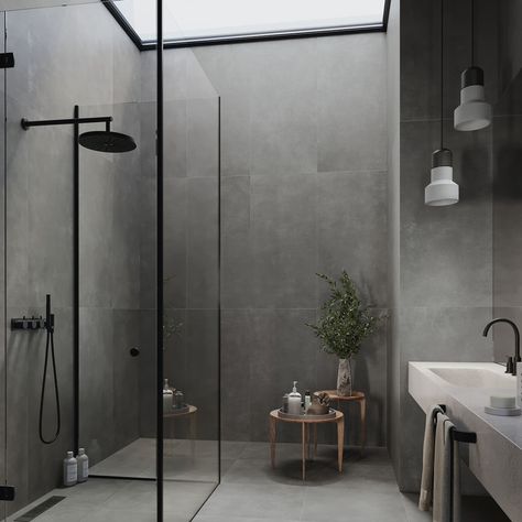 Makeover Kamar Mandi, Grey Bathroom Tiles, Bilik Air, Concrete Bathroom, Grey Bathroom, Steam Showers Bathroom, Tile Inspiration, Bathroom Tiles, Steampunk Style