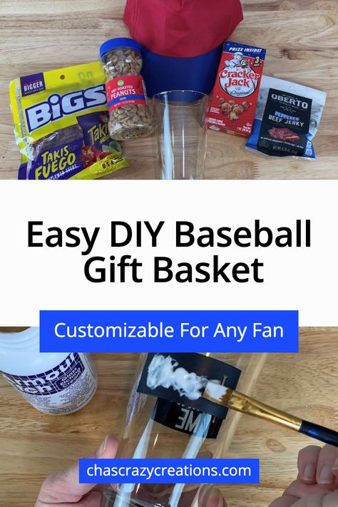 easy diy baseball gift basket customizable for any fan Baseball Themed Gifts, Baseball Themed Gift Basket Ideas, Gift Baskets For Him Baseball, Baseball Game Snacks, End Of Season Baseball Gifts For Players Diy, Baseball Baskets For Dugout, Baseball Theme Gifts, Gifts For Baseball Lovers Boys, Sports Gift Basket