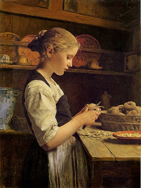 Albert Samuel Anker, Swiss painter (1831-1910). 'The Little Potato Peeler' (c.1886) Moritz Von Schwind, Era Victoria, Peeling Potatoes, Art Appreciation, Classical Art, الرسومات اللطيفة, 그림 그리기, Beautiful Paintings, Classic Art