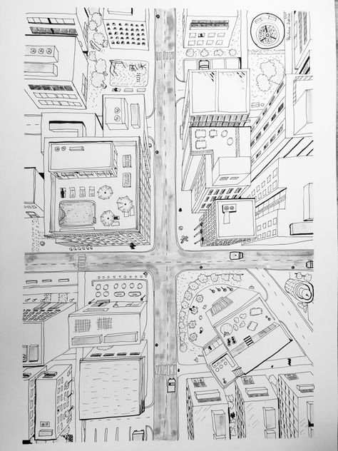 My imagination from bird eye Buildings Birds Eye View, Birds Eye View Building, Bird Eye View Drawing, City Birds Eye View, Birds Eye View Drawing, Bird Perspective, Birds Eye View City, Vision Journal, Architecture References