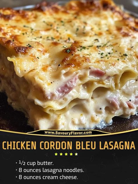 Chicken Cordon Blue Lasagna, Gordon Ramsay Chicken, Cordon Bleu Lasagna, Chicken Cordon Bleu Lasagna, Mary Berry Recipes, Savory Ham, Chicken Cordon Bleu Casserole, Berry Recipes, Cheese Lasagna