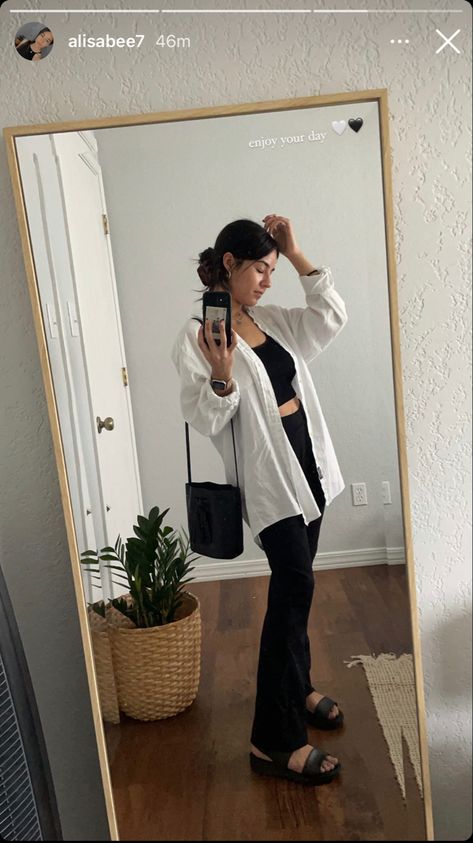 White Pants Black Sandals Outfit, White Button Down Shirt And Leggings Outfit, Black Flared Pants Outfit Summer, Black And White Sandals Outfit, Black Pants And Crop Top Outfit, Yoga Pants Summer Outfit, Black Linen Pants Outfit Aesthetic, Black Pants And Sandals Outfit, Black Flare Pants Outfit Midsize