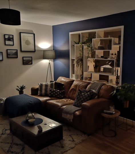 Dark Wood And Blue Living Room, Dark Lounge, Brown Leather Sofa Living Room, Navy Blue Houses, Tan Leather Sofa, Dark Brown Couch, Navy Accent Walls, Brown And Blue Living Room, Dark Brown Sofas