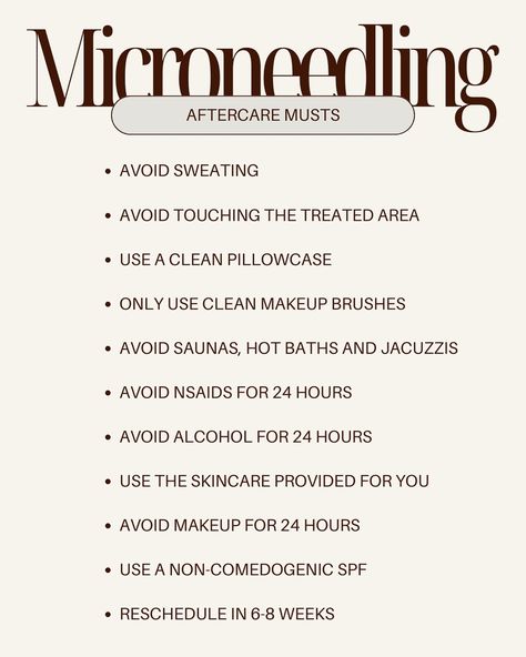 Everything you need to know post-microneedling! Aftercare is so important to achieve great results and are crucial to avoid breakouts and infections. Please follow aftercare instructions carefully always! I’ve also added a short FAQ of questions I get often about microneedling/prp. If you have any more questions or are looking to book a session, DM me or use the link in my bio to book. - #prp #microneedling #microneedlingtreatment #vampirefacialprp #microneedlingaftercare #medspa #holistic ... Microneedling Promotion, Microneedling Aftercare, Microneedling Aesthetic, Esthetician Goals, Spa Marketing Ideas, Botox Business, Prp Microneedling, Dermapen Microneedling, Post Background