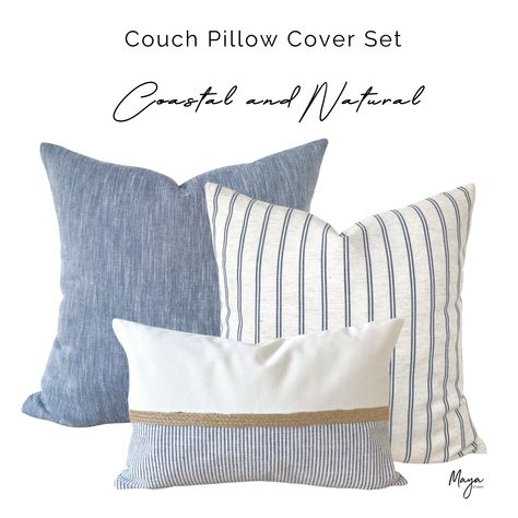 Coastal Cushions Couch, Neutral Sofa Coastal, Coastal Blue Throw Pillows, Coastal Blue Pillows, Coastal Living Rooms With Blue Sofas, Modern Coastal Throw Pillows, Coastal Cozy Bedroom, Blue Linen Couch, Hamptons House Aesthetic