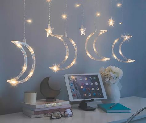 Warm White Moon & Star 56-Light Curtain Lights | Big Lots Celestial Room, Star Bedroom, Themed Kids Room, Led Curtain Lights, Moons And Stars, Led Curtain, Battery String Lights, Boutique Decor, White Moon