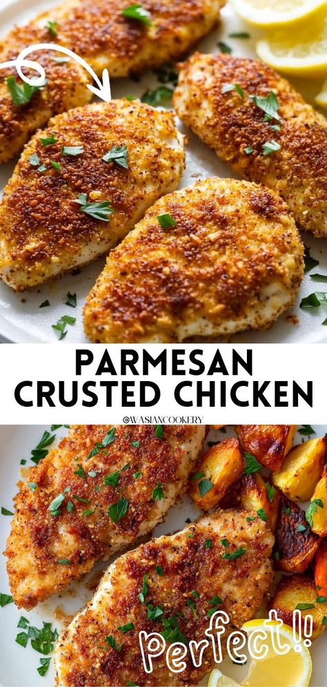 Parmesan Crusted Chicken breast with golden-brown edges, served alongside lemon and fresh herbs. Parmesan Crusted Chicken Baked, Crispy Baked Chicken Breast, Easy Parmesan Crusted Chicken, Baked Parmesan Crusted Chicken, Parmesan Crusted Chicken Recipe, Crispy Chicken Breast, Chicken Parmesan Recipe Easy, Chicken Baked, Crispy Baked Chicken