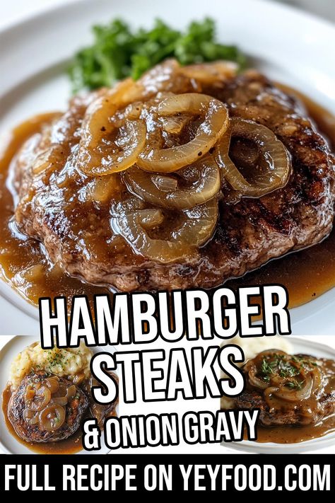 Hamburger Steaks with Onion Gravy - Yeyfood.com: Recipes, cooking tips, and kitchen hacks for home cooks of all levels Hamburger Steaks With Onion Gravy, Hamburger Gravy Recipe, Hamburger Side Dishes, Classic Hamburger, Hamburger Steak Recipes, Hamburger Steak And Gravy, Hamburger Gravy, Hacks For Home, Hamburger Steaks