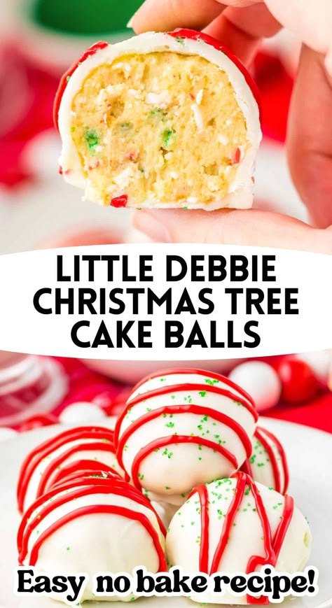 Christmas Tree Cake Balls are a fun twist on everyone’s favorite holiday treat! Made with just 5 simple ingredients, the no-bake treats are easy to make and have all the delicious flavor of Little Debbie snack cakes in every bite. Christmas Tree Cake Balls, Christmas Cake Balls, Little Debbie Snack Cakes, Christmas Tree Desserts, Little Debbie Christmas Tree, Debbie Snacks, Cake Ball Recipes, Easy Candy, Cake Ball