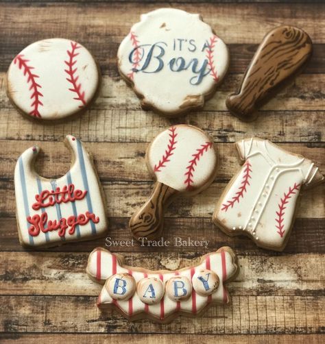 Vintage Baseball Baby Shower Baby Boy Cookies, Baseball Cookies, Baseball Theme Birthday, Baseball Baby Shower Theme, Sports Baby Shower, Baseball Theme Party, Boy Baby Shower Ideas, Baby Event, Sports Baby