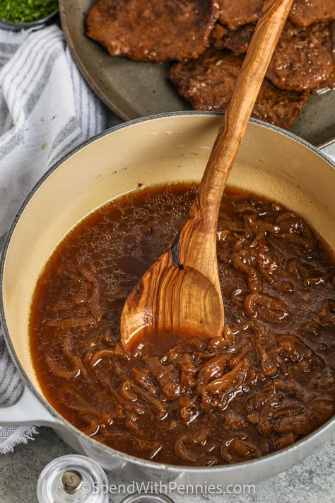 Enjoy this classic homemade Cube Steak smothered in balsamic onion gravy. It's a classic homemade meal the whole family will love. Tender and flavorful cubed steak is simmered in a Dutch oven until fork tender. Economical but so delish! Cook up some cube steak and gravy for an unforgettable recipe. #cubesteak #cubesteakandgravy #recipes #spendwithpennies Cube Steaks And Gravy, Cube Steak With Gravy, Steak With Gravy, Cube Steaks, Cube Steak And Gravy, Roasted Veggies In Oven, Cubed Steak, Balsamic Onions, Cube Steak Recipes