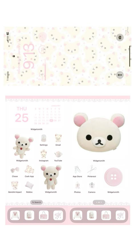 Korilakkuma Theme Korilakkuma Wallpaper, Phone Layout Ideas, Rilakkuma Wallpaper, Cute Laptop Wallpaper, Iphone Home Screen Layout, Phone Layout, Phone Inspiration, Iphone App Layout, Ios Design