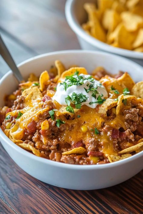 Frito Pie Recipe New Mexico Frito Pie, Ground Beef Substitute, Frito Pie Recipe, Frito Chili Pie, Bean Snacks, Frito Pie, Spicy Tacos, Fresh Guacamole, Meat Seasoning