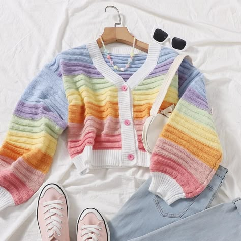 Aesthetic Rainbow Outfits, Pastel Rainbow Outfit Aesthetic, Rainbow Cardigan Outfit, Rainbow Outfit Women, Rainbow Outfit Aesthetic, Rainbow Clothes, Trendy Cardigans, Rainbow Cardigan, Rainbow Outfit