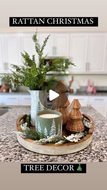 Ryan Armendariz on Instagram: "Rattan Christmas Trees!! LOVE these adorable little Christmas trees! They look amazing sitting next to anything! I styled mine in a round tray and added some florals and a candle! Grab these before they sell out!! COMMENT “RATTAN” to have a link sent to your DM!! **Also linked in my LTK, click my bio to shop!  https://liketk.it/4VCkz #decoratewithme #christmasaesthetic" Christmas Round Tray Decor, Christmas Island Centerpiece Ideas, Round Tray Decor, Island Centerpiece Ideas, Christmas Tray Decor, Christmas Tray, Rattan Tray, Little Christmas Trees, Flocked Christmas Trees