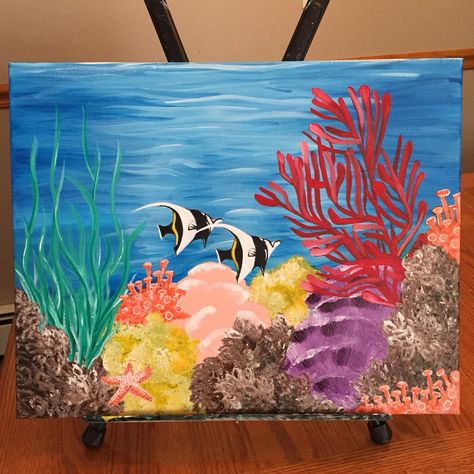 Ocean floor, coral reefs and fish acrylic painting, so colorful and fun! Coral Fish Painting, Saltwater Fish Painting, Acrylic Coral Reef Painting, Sea Floor Painting, Sea Coral Painting, Marine Animal Painting, Coral Reef Painting Easy, Coral Reef Art For Kids, Coral Painting Easy