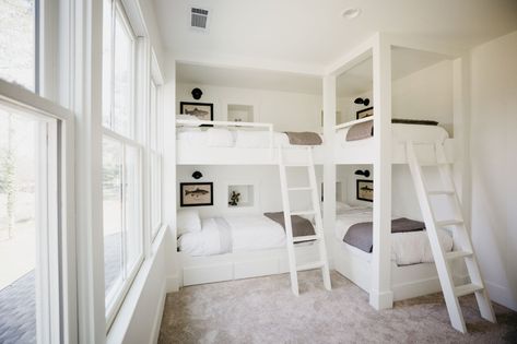 Corner Bunk Room Ideas, 4 Bed Bunk Bed, 2 Bunk Beds In One Room, 4 Bunk Beds In One Room, Corner Bunk Beds, Home Character, 4 Bunk Beds, Bunk Bed Room, Custom Home Build