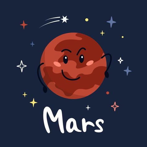 Cute cartoon planet character Mars with funny face. Poster solar system for children. Vector illustration Funny Face Poster, Mars Drawing, Mars Gif, Poster Solar System, Planet Illustration, Tools Drawing, Astrology Planets, Planet Mars, Art Tools Drawing