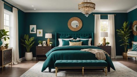 10 Tips to Create a Stunning Dark Teal Bedroom - DexDecor Peacock Blue Bedroom Walls, Teal Color Bedroom Ideas, Teal Master Bedrooms Decor, Teal Bedroom Accent Wall, Teal Wall Bedroom Ideas, Peacock Bedroom Ideas, Teal Bedroom Accents, Dark Turquoise Bedroom, Teal Wall Bedroom