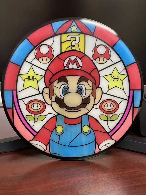 Disney Stained Glass Art, Stained Glass Anime, Glass Tattoo, Disney Stained Glass, Videogame Art, Geeky Art, Mario Birthday Party, Spray Paint Art, Mario Art