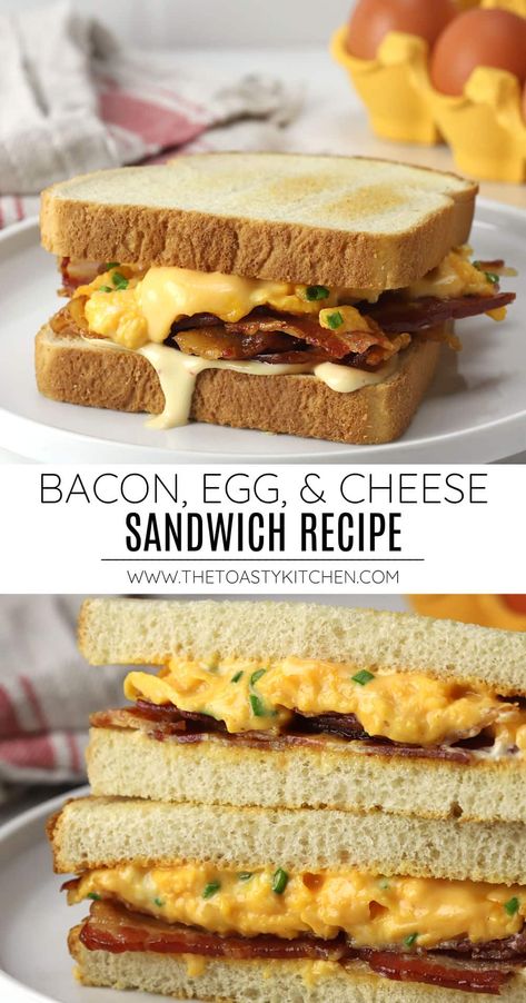 Bacon, egg, and cheese sandwich recipe by The Toasty Kitchen. Make a bacon, egg, and cheese sandwich for any meal of the day - breakfast, lunch, or dinner. It's a comfort food classic that's not only easy to prepare, but filling and hearty. #becsandwich #baconeggcheesesandwich #breakfast #lunch #dinner #dinnerideas #comfortfood #recipe Bacon Egg Gouda Sandwich, Bacon Egg Cheese Sandwich, Eggs And Bacon Recipes, Bacon Sandwich Breakfast, Bacon Breakfast Ideas, Egg And Bacon Sandwich, Sandwiches Board, Bacon Egg Sandwich, Bacon Egg And Cheese Sandwich