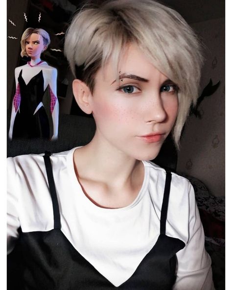 Spider Woman Costumes, Pixie Costume, Gwen Spiderman, Buzz Haircut, Spider Gwen Cosplay, Short Layered Bob Haircuts, Girls Short Haircuts, Girl Haircut, Cosplay Hair