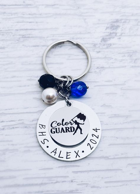 Color Guard Charm Personalized Keychain Gift, Flag, Girl, Marching Band Color Guard, Auxiliary, Senior Night, Grad, Graduation, Banquet, by Susoodles on Etsy Graduation Banquet, Guard Gifts, Senior Night Gifts, Pearl Gifts, Senior Gifts, Senior Night, Color Guard, Personalized Keychain, Marching Band