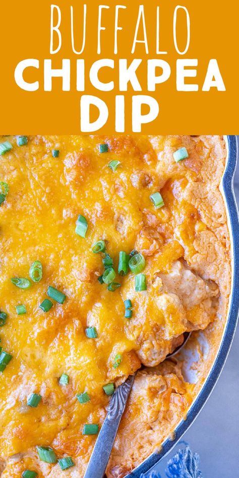 This Vegetarian Buffalo Chickpea dip is quick and easy to throw together and only bakes for about 25 minutes. This dip is a delicious chicken-free version of buffalo chicken dip that tastes almost identical! This cheesy vegetarian dip is great enjoyed with crackers, veggies or chips. Serve as a side dish, appetizer or snack. #buffalodip #chickpeadip #vegetarianappetizer #chipsanddip #newyearsappetizer Vegetarian Chicken Wing Dip, Buffalo Chickpea Dip, Vegan Buffalo Dip, Raw Vegetables Recipes, Vegetarian Buffalo, Chickpea Recipes Easy, Vegan Party Snacks, Chickpea Dip, Vegetarian Dip