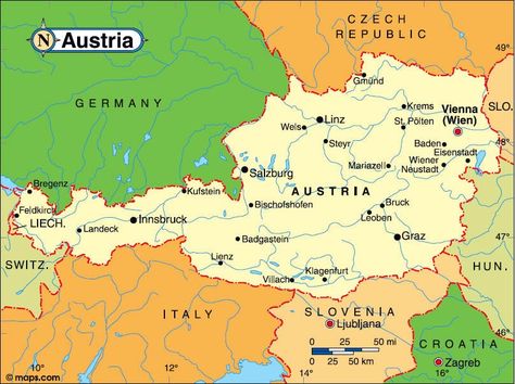 Detailed map  Austria Austria Map, Feldkirch, Graz Austria, Europe Holidays, Tourist Map, Salzburg Austria, Austria Travel, Printable Maps, Steyr