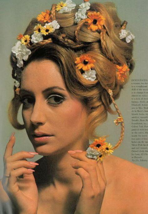 A Vintage Nerd, Vintage Blog, Vintage Floral Hairstyles, 1960's Hair Inspiration, Vintage Spring Hairstyles, Floral Hairstyles, Vintage Lifestyle Blog Floral Updo, Patti Hansen, 1960s Hair, 60s Hair, Flowers In Her Hair, Spring Hairstyles, Retro Hairstyles, 1960s Fashion, Floral Hair