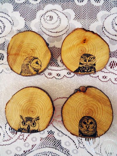 jessica lennox. burn wood. #display #profile #art Popsicle Stick Coasters, Owl Coasters, Owl Head, Coaster Crafts, Wood Owls, Wooden Owl, Bamboo Art, Wood Burning Crafts, Wood Burning Patterns